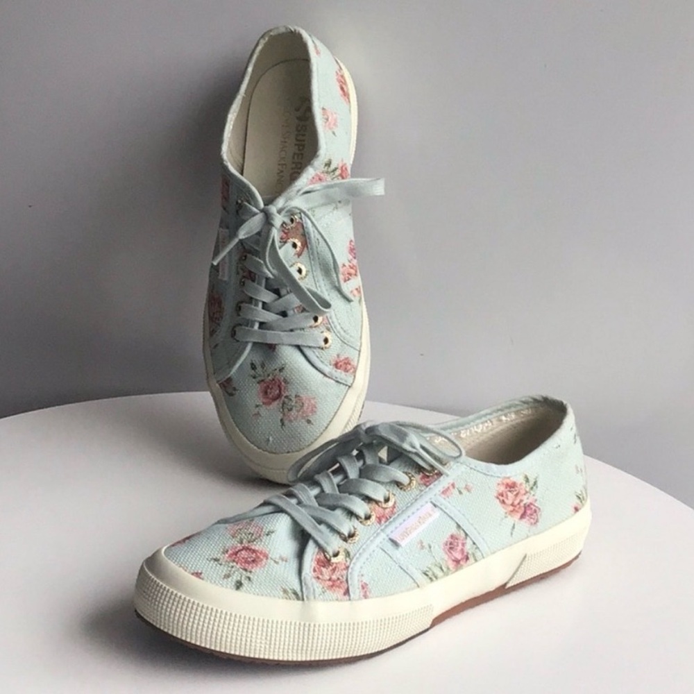 Superga Light Blue Floral Canvas Sneakers with Pink Roses